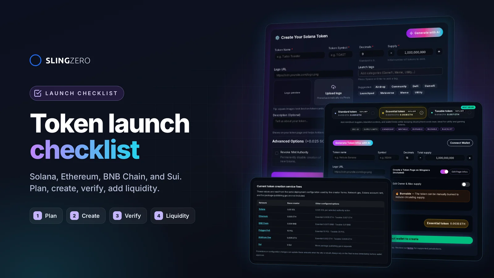 Token launch checklist for Solana, Ethereum, BNB Chain, and Sui with Slingzero token creator screenshots and service fees