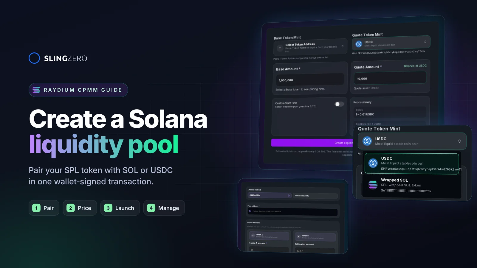How to create a Solana liquidity pool: Slingzero Raydium pool form with USDC and Wrapped SOL quote options