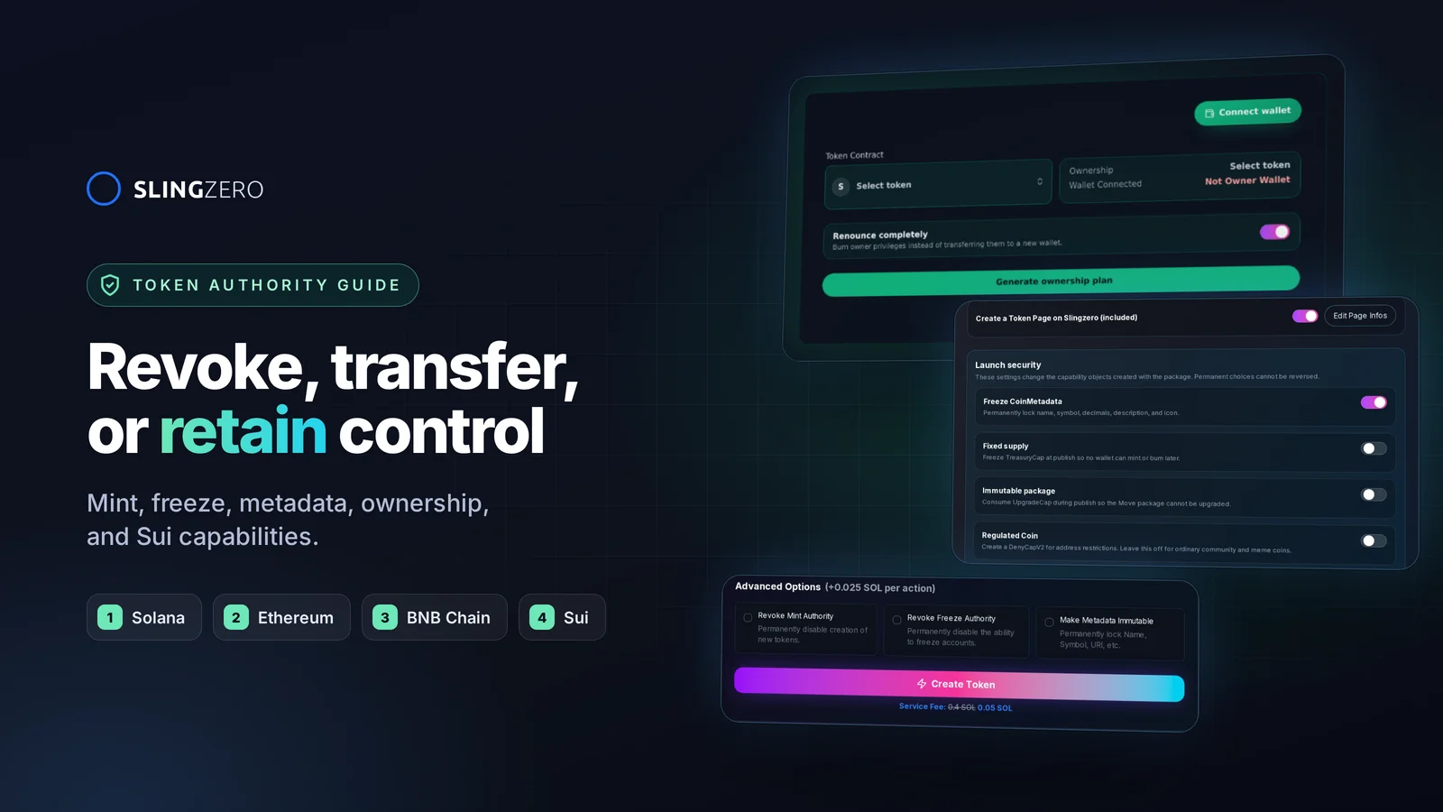 Token authority guide: revoke, transfer, or retain control, with Slingzero ownership, launch security, and revoke authority screenshots