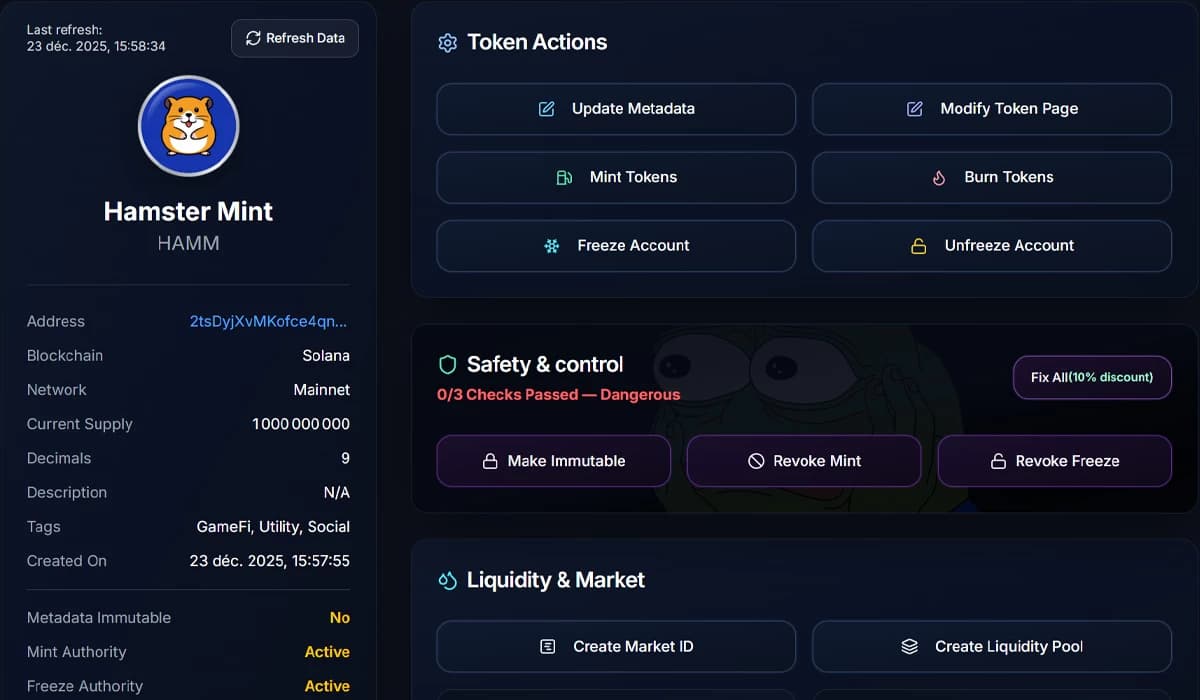 Token manage dashboard with token actions, safety checks, and liquidity tools