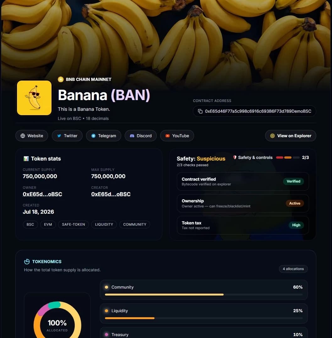 Public token page with live supply, contract address, and safety checks