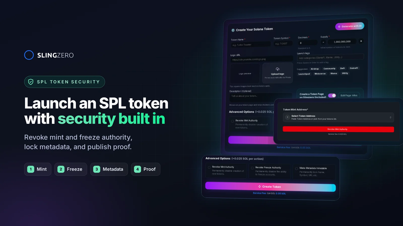 Launch an SPL token with security built in: Slingzero revoke mint authority tool and SPL creator authority options