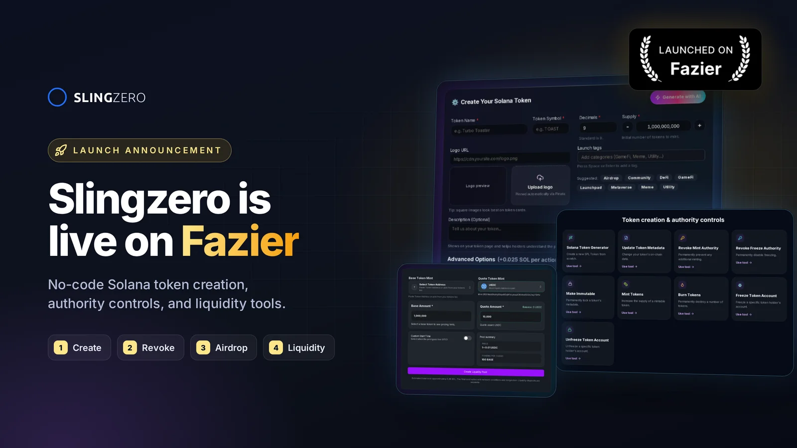 Slingzero is live on Fazier: Launched on Fazier badge with Slingzero Solana token creator and tools