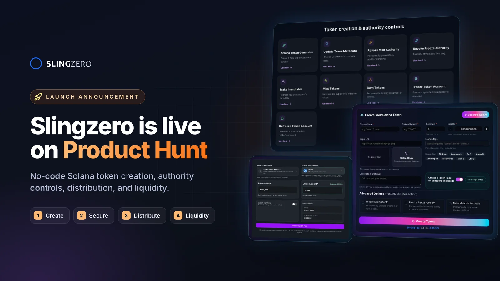 Slingzero is live on Product Hunt: Slingzero Solana tools, token creator, and Raydium pool screenshots