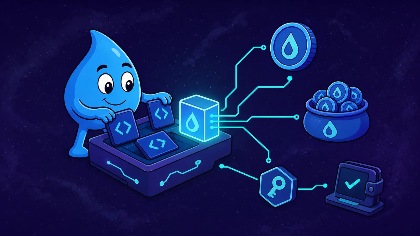 Blue water-drop mascot assembling a Sui Coin package and its capability controls