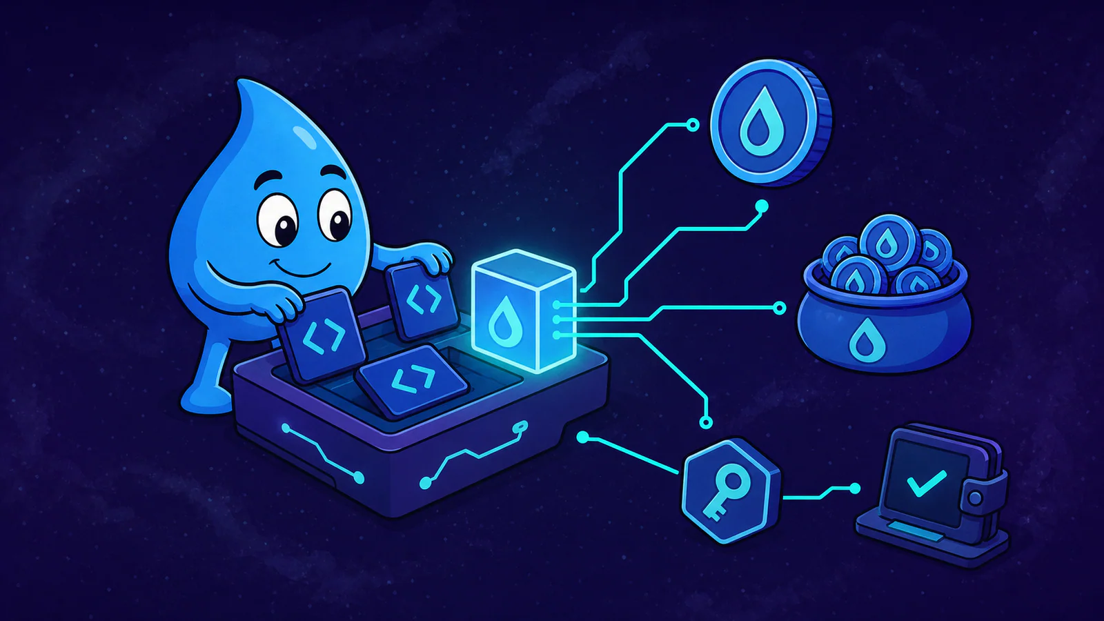 Blue water-drop mascot assembling a Sui Coin package and its capability controls