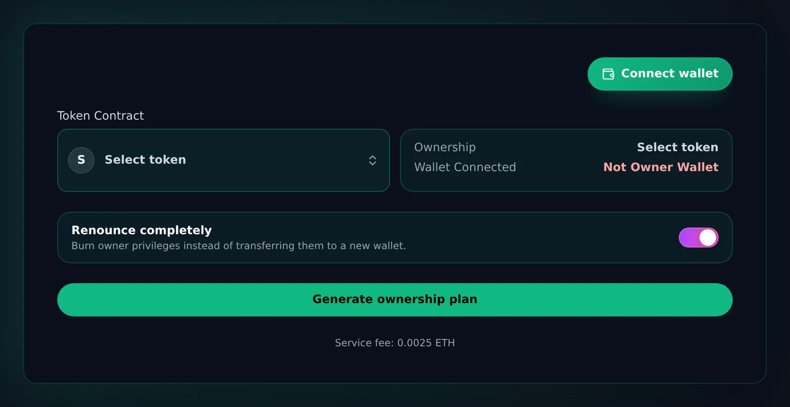 Slingzero ERC-20 ownership tool with token contract selector, ownership status, Renounce completely toggle, and Generate ownership plan button