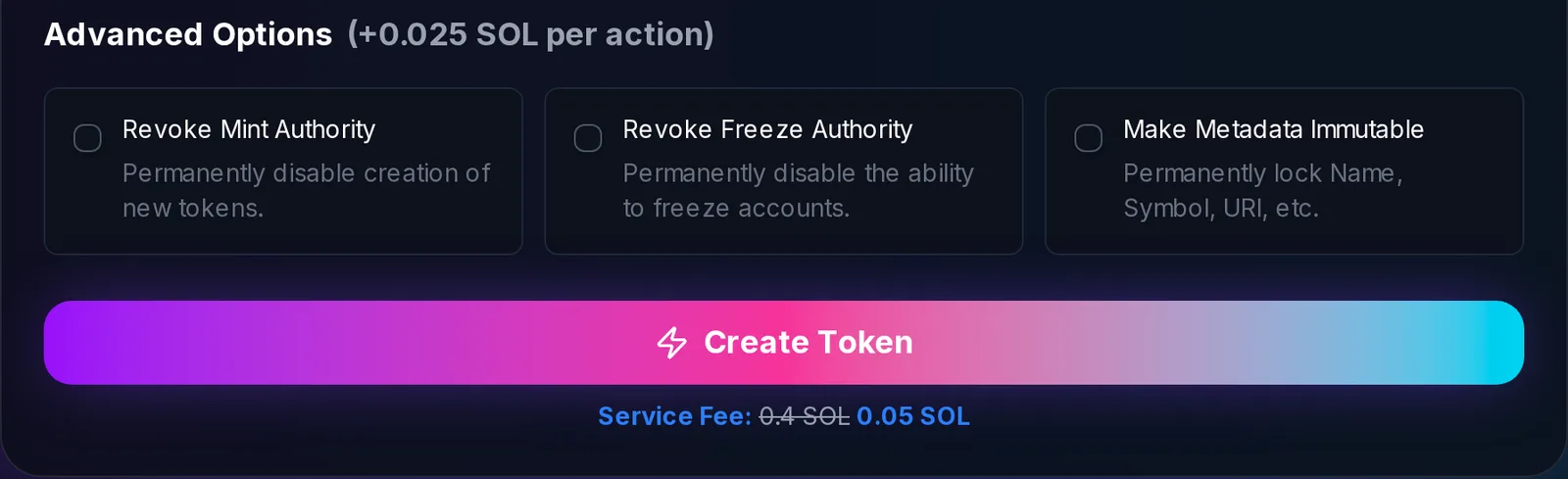 Solana token creator Advanced Options to revoke mint authority, revoke freeze authority, and make metadata immutable at launch
