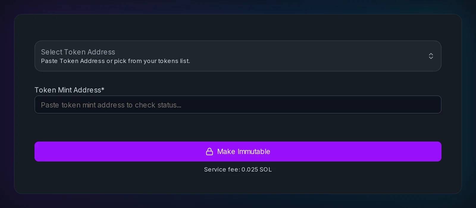 Slingzero Make Immutable tool for locking SPL token metadata before publishing authority proofs