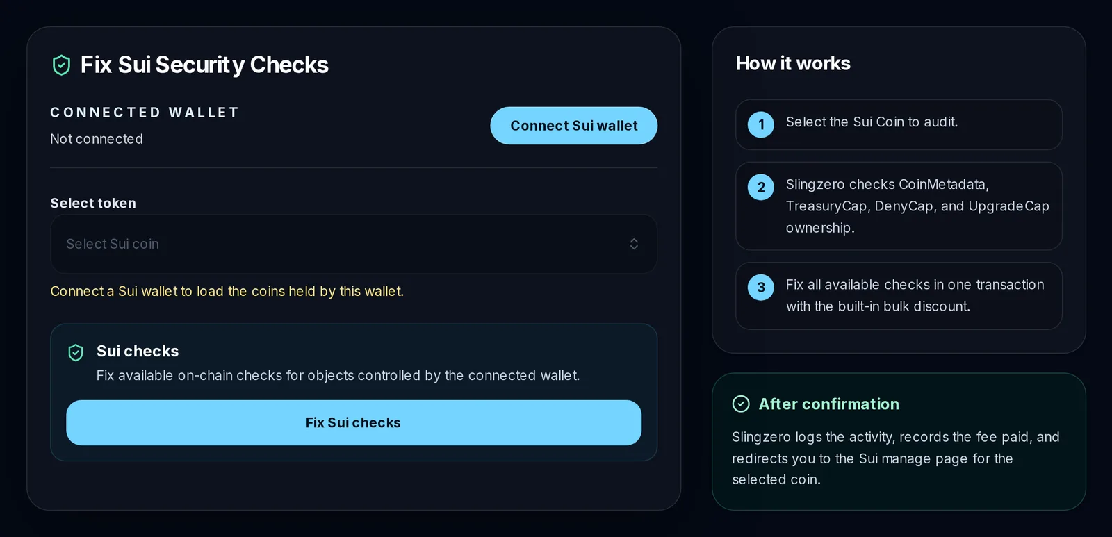 Slingzero Fix Sui Security Checks tool with wallet connection, Sui coin selector, and how-it-works steps
