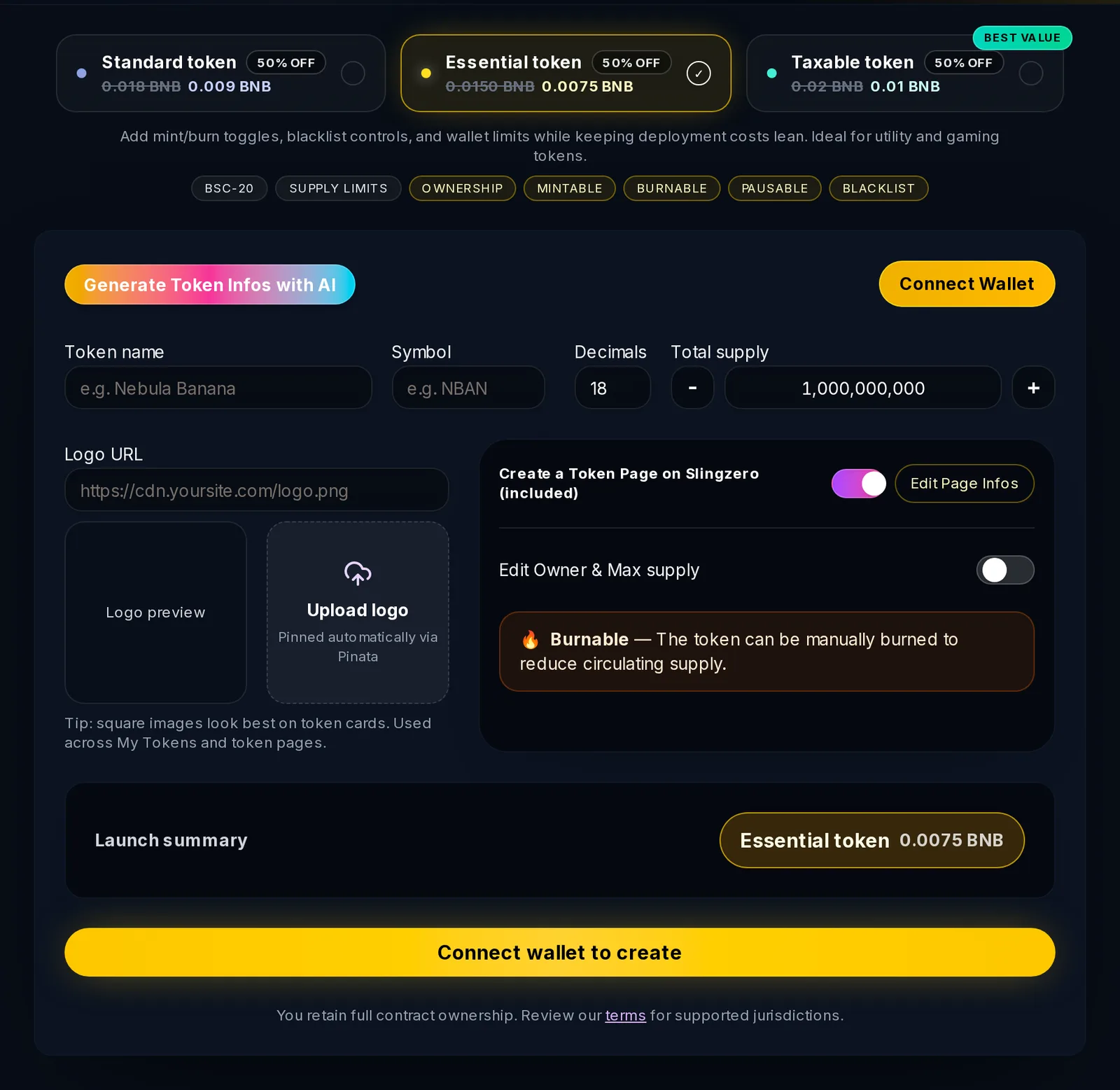 Slingzero BEP-20 token creator for BNB Chain with contract templates, token details, and launch summary