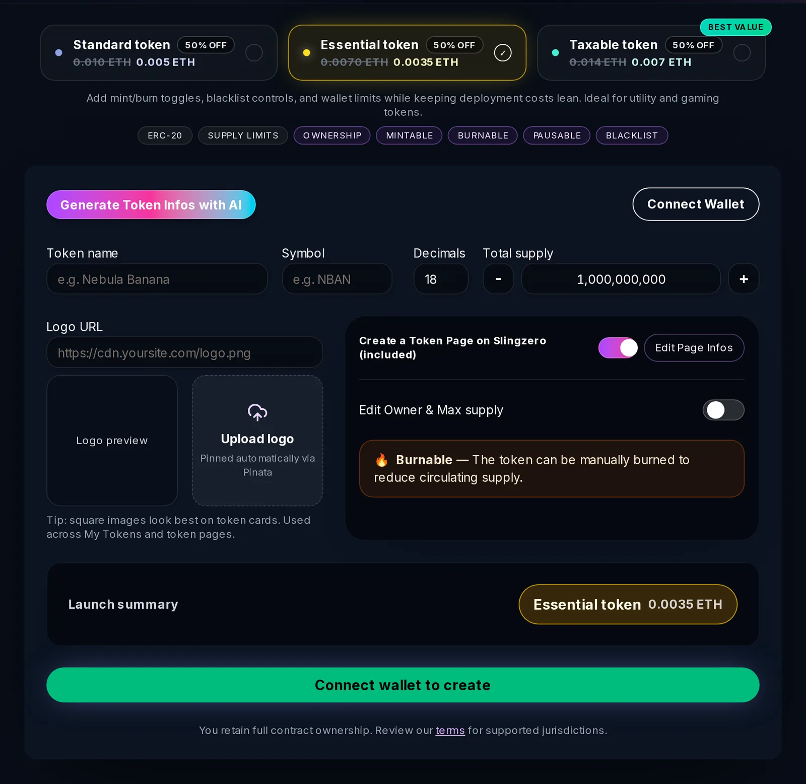 Slingzero ERC-20 token creator with Standard, Essential, and Taxable contract templates and token details form