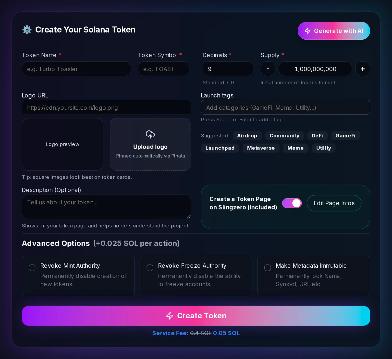Slingzero Solana token creator with token name, symbol, decimals, supply, logo, launch tags, and Advanced Options for revoking authorities