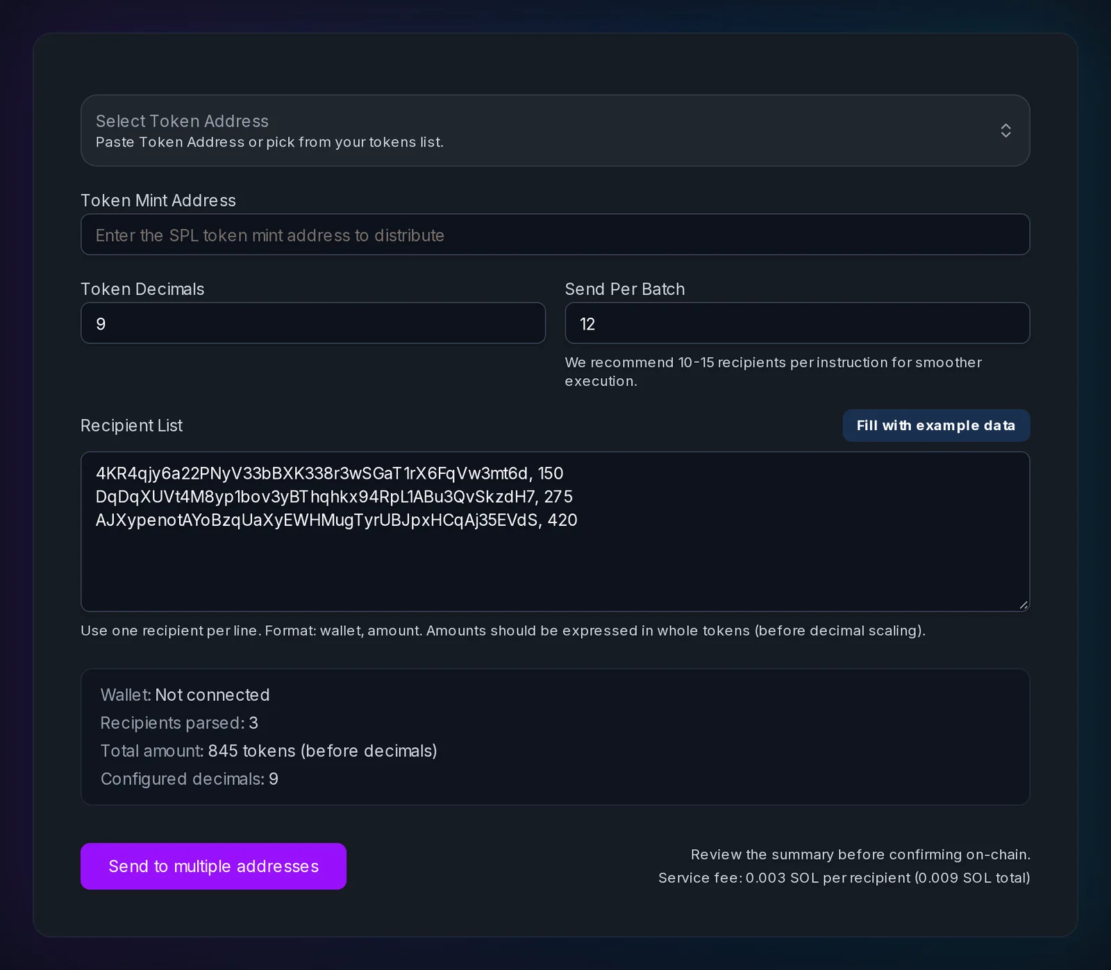 Slingzero Solana multisender with token mint, decimals, batch size, recipient list, and distribution summary