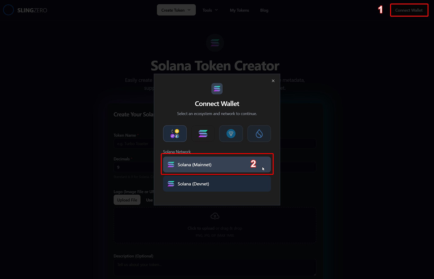 Connect Wallet modal showing Devnet and Mainnet selectors in Slingzero