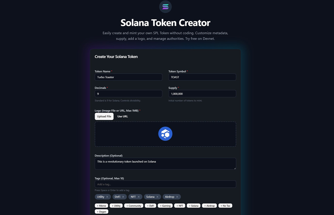 Slingzero metadata form with sample token details and live preview