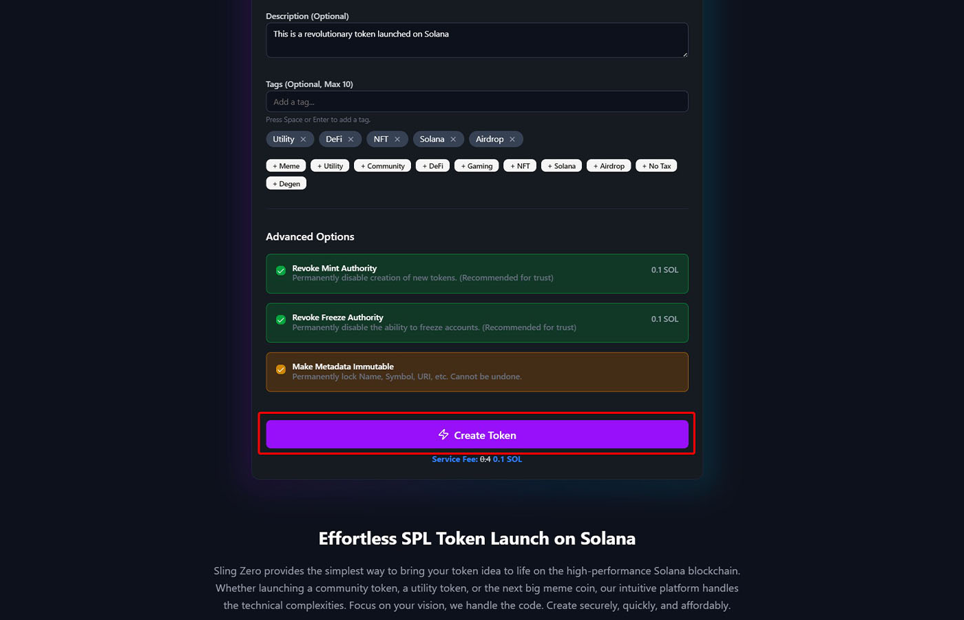 Authority toggles for mint, freeze, and metadata immutability in Slingzero