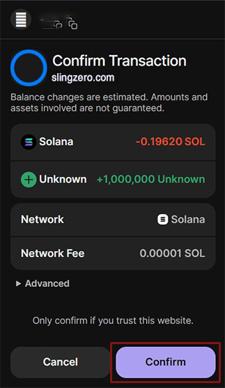 Wallet approval modal and Slingzero success toast confirming mint address