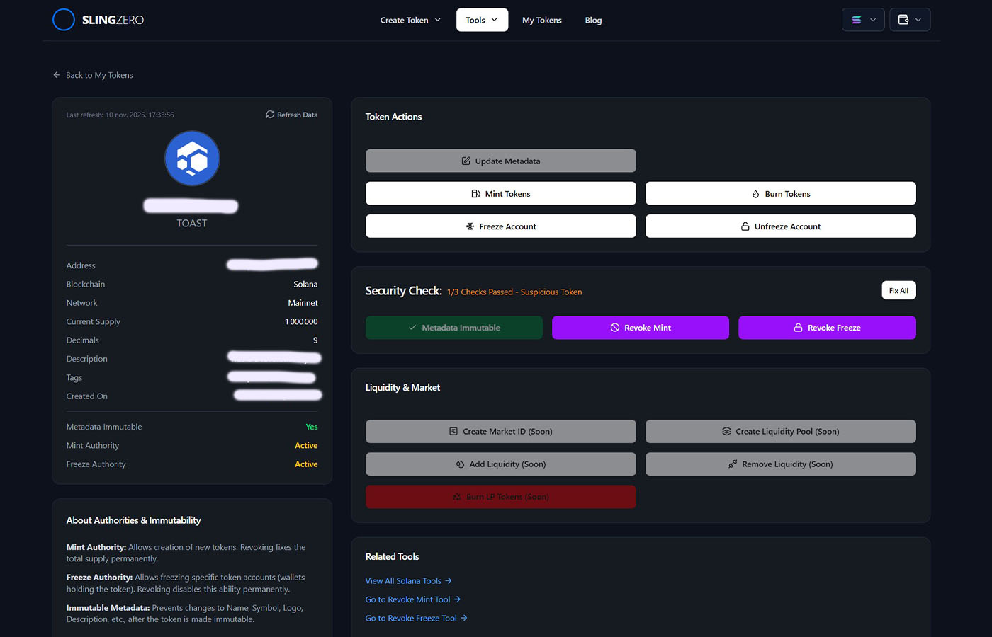 My Tokens dashboard showing minted SPL token card and authority status