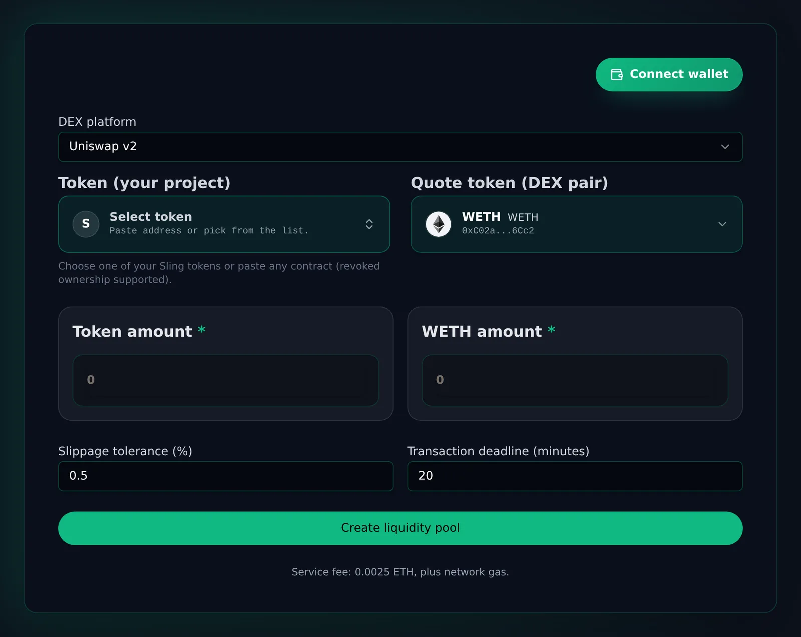 Slingzero Create Ethereum Liquidity Pool form with Uniswap v2, token and WETH amounts, slippage, and deadline