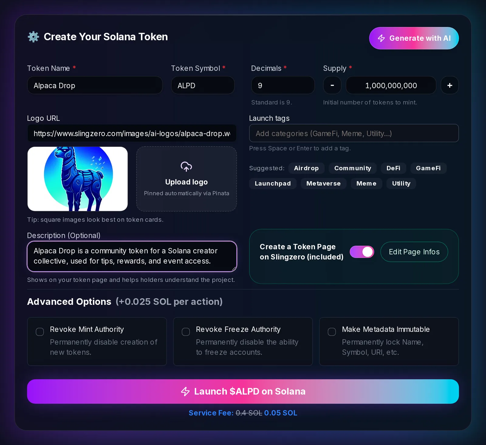 Slingzero Solana token creator filled with token name, symbol, decimals, supply, logo, and description