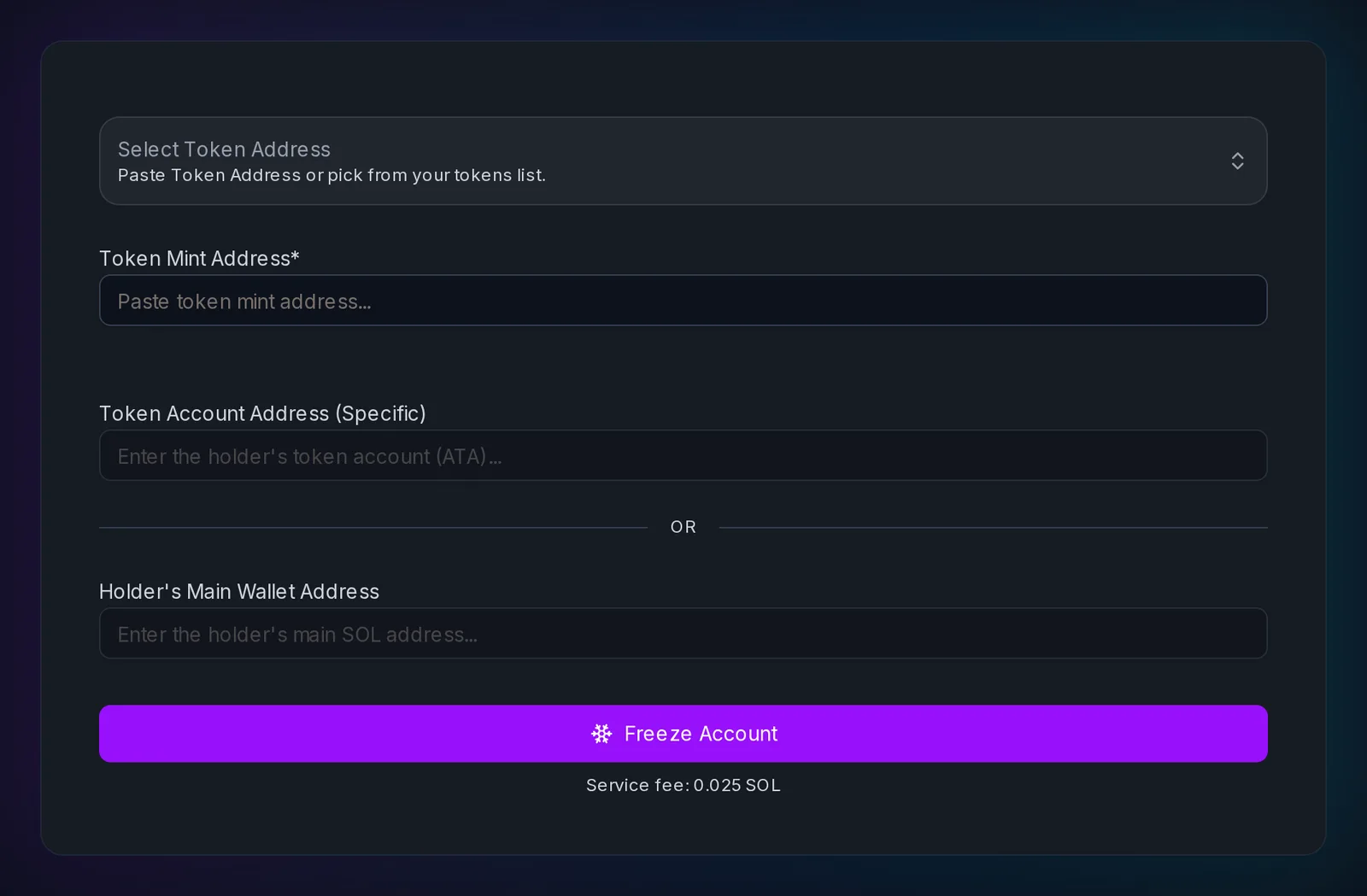 Slingzero Freeze Account tool for freezing a specific SPL token account during an incident