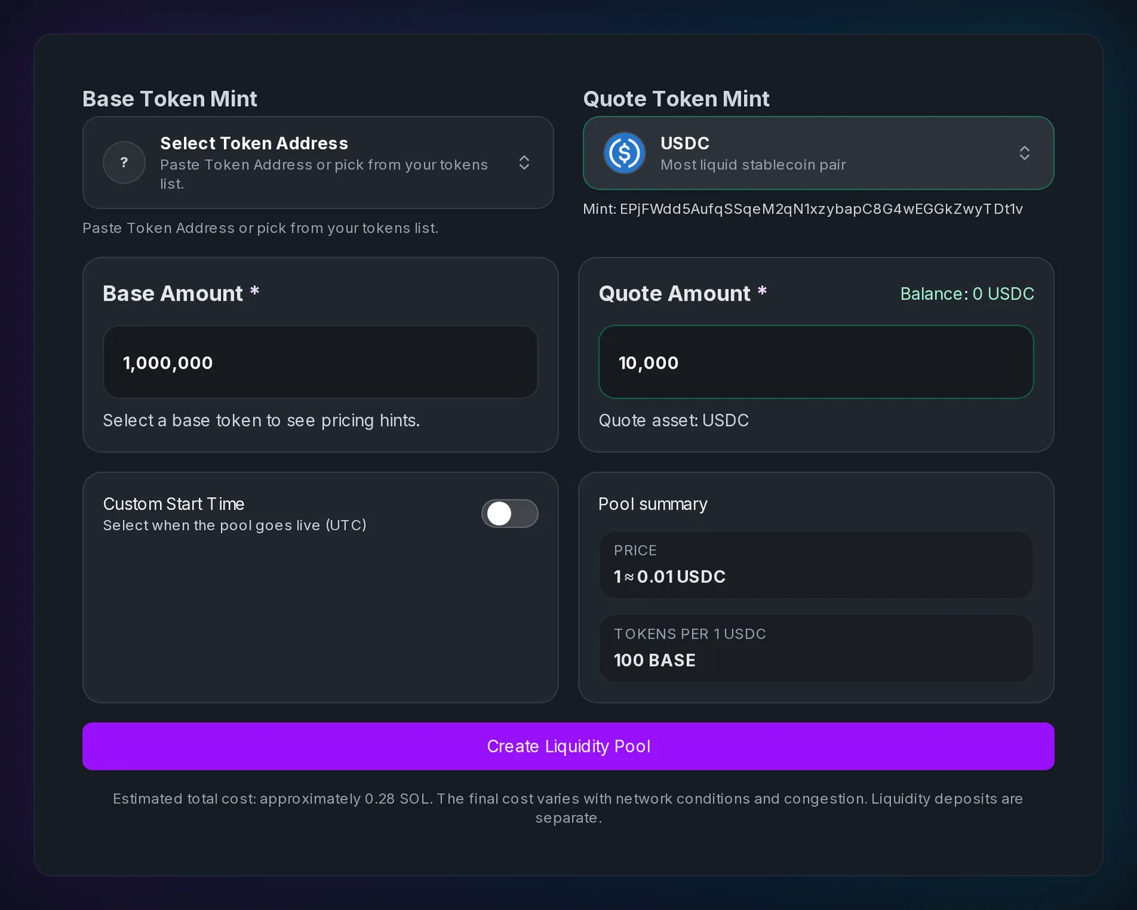 Slingzero Raydium liquidity pool form on Solana with base token, USDC quote, 1,000,000 token and 10,000 USDC deposits, and pool price summary