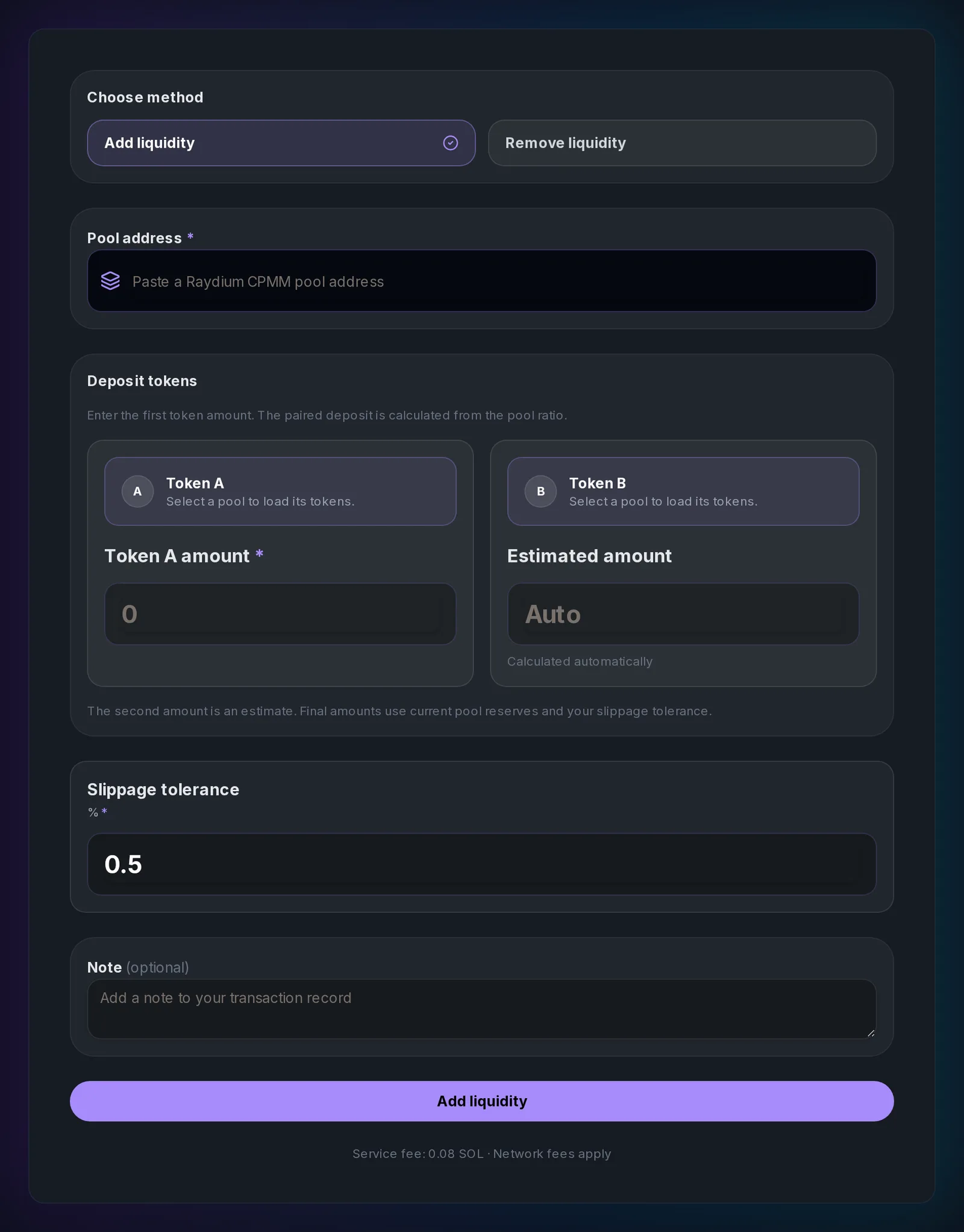 Slingzero Manage Raydium Liquidity tool with add or remove method, pool address, deposit amounts, and slippage tolerance