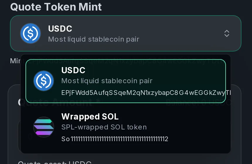 Quote token options for a Solana liquidity pool: USDC and Wrapped SOL