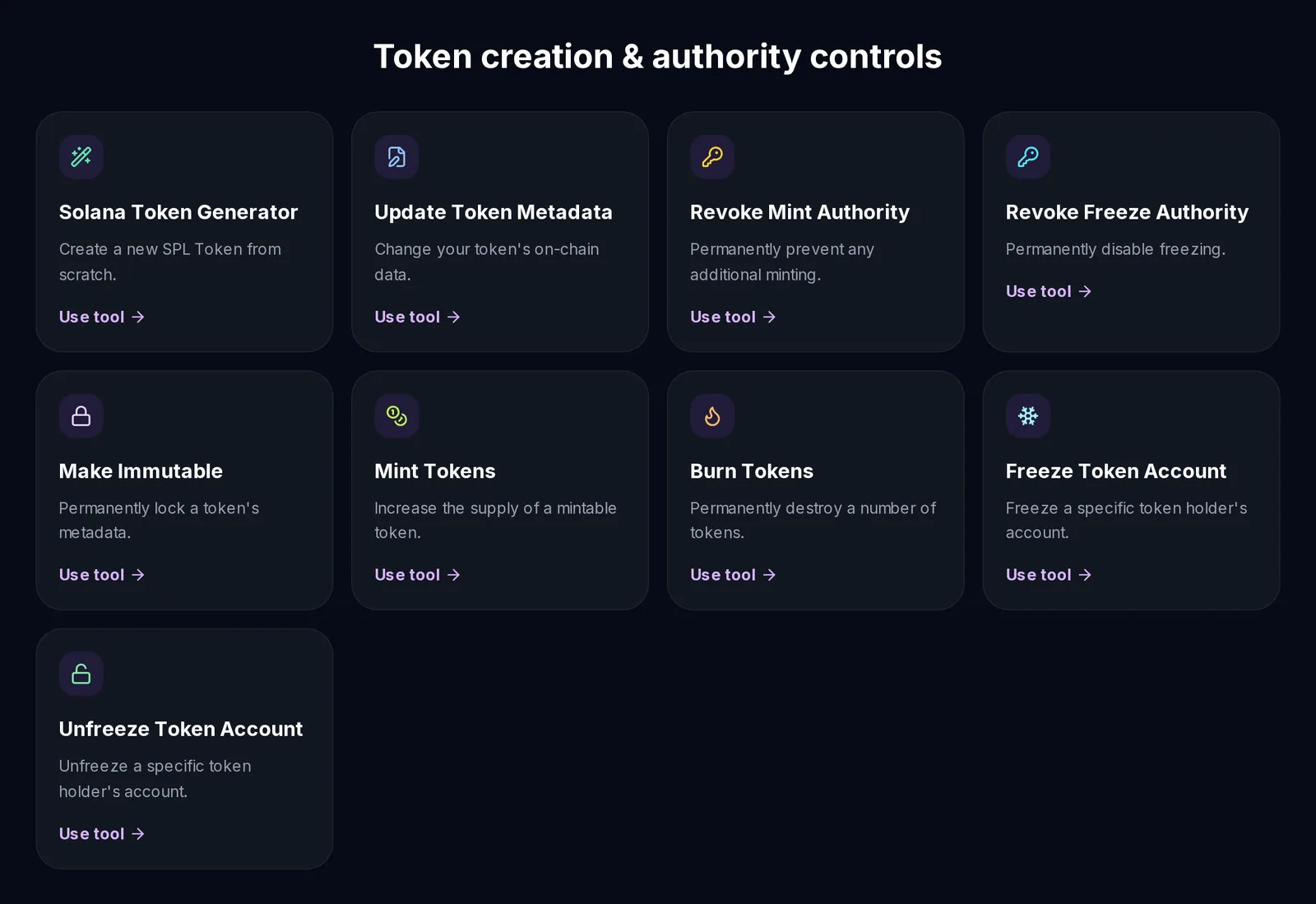 Slingzero Solana tools for updating metadata, revoking authorities, minting, burning, and freezing accounts after launch