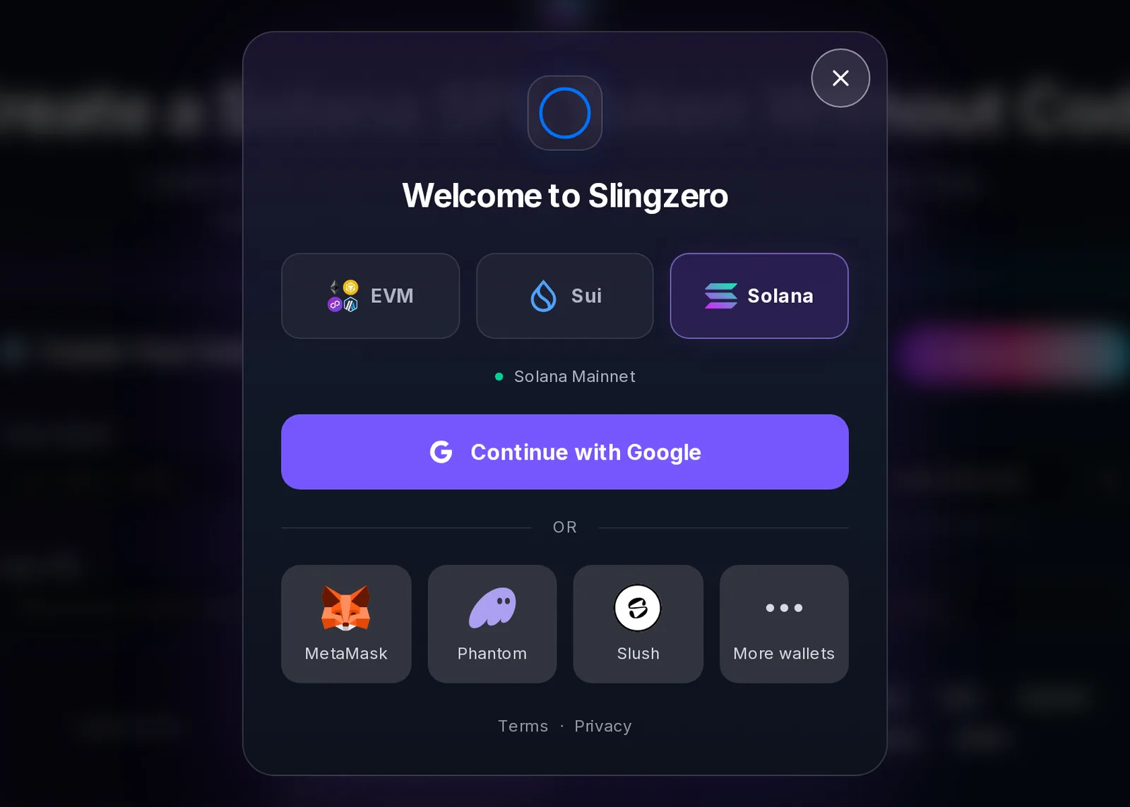 Slingzero wallet connection modal with Solana selected, Continue with Google, and Phantom, MetaMask, and other wallets