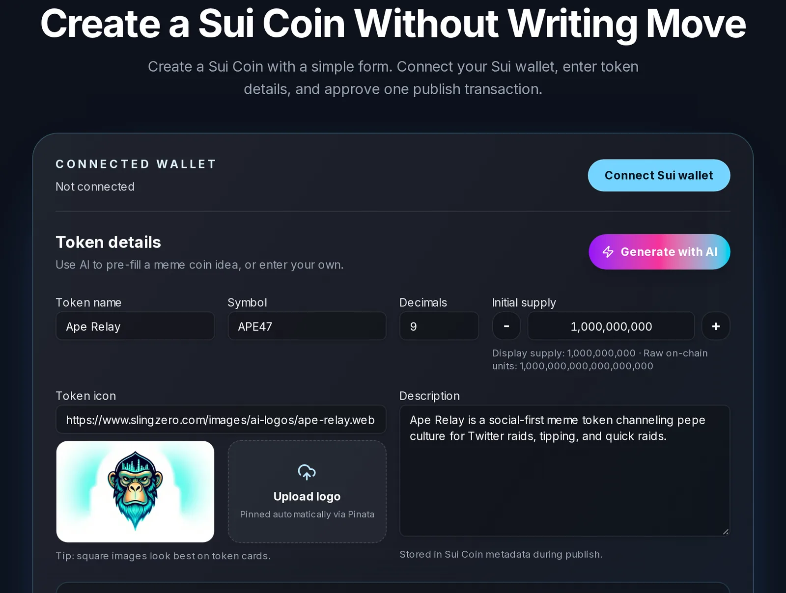 Slingzero Sui Coin Creator with token details, decimals, initial supply, logo, and description