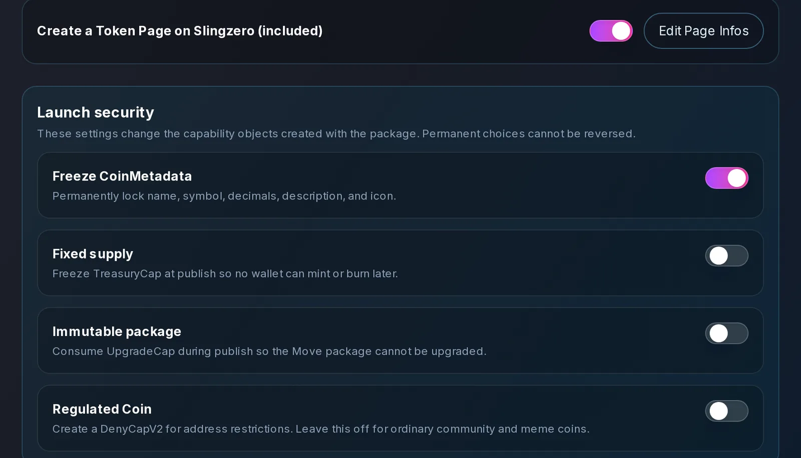 Sui launch security settings: Freeze CoinMetadata, Fixed supply, Immutable package, and Regulated Coin